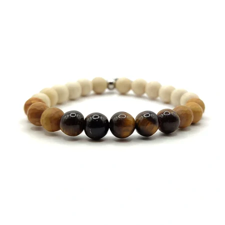 Pulsera MOEN Hesti Ojo de Tigre, Madera y Hueso Fosilizado